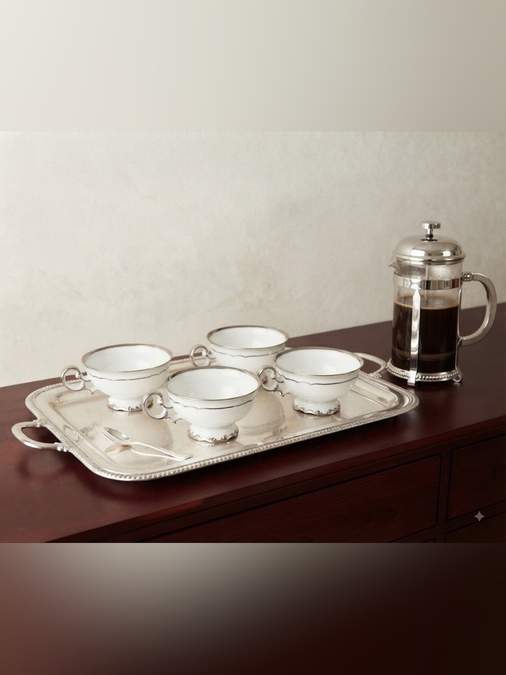 Vintage Hutschenreuther Sylvia Revere Platinum Trim Footed Teacup Set of 4